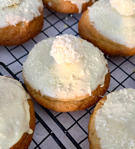 White chocolate coconut cookies by Bake With Mimi on cooling rack